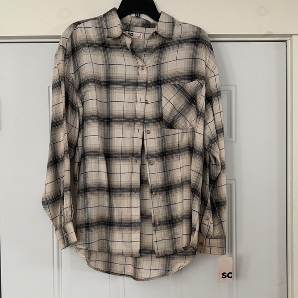 SO Tops - SO Women's Plaid Oversized Button Down Shirt - Black and Cream